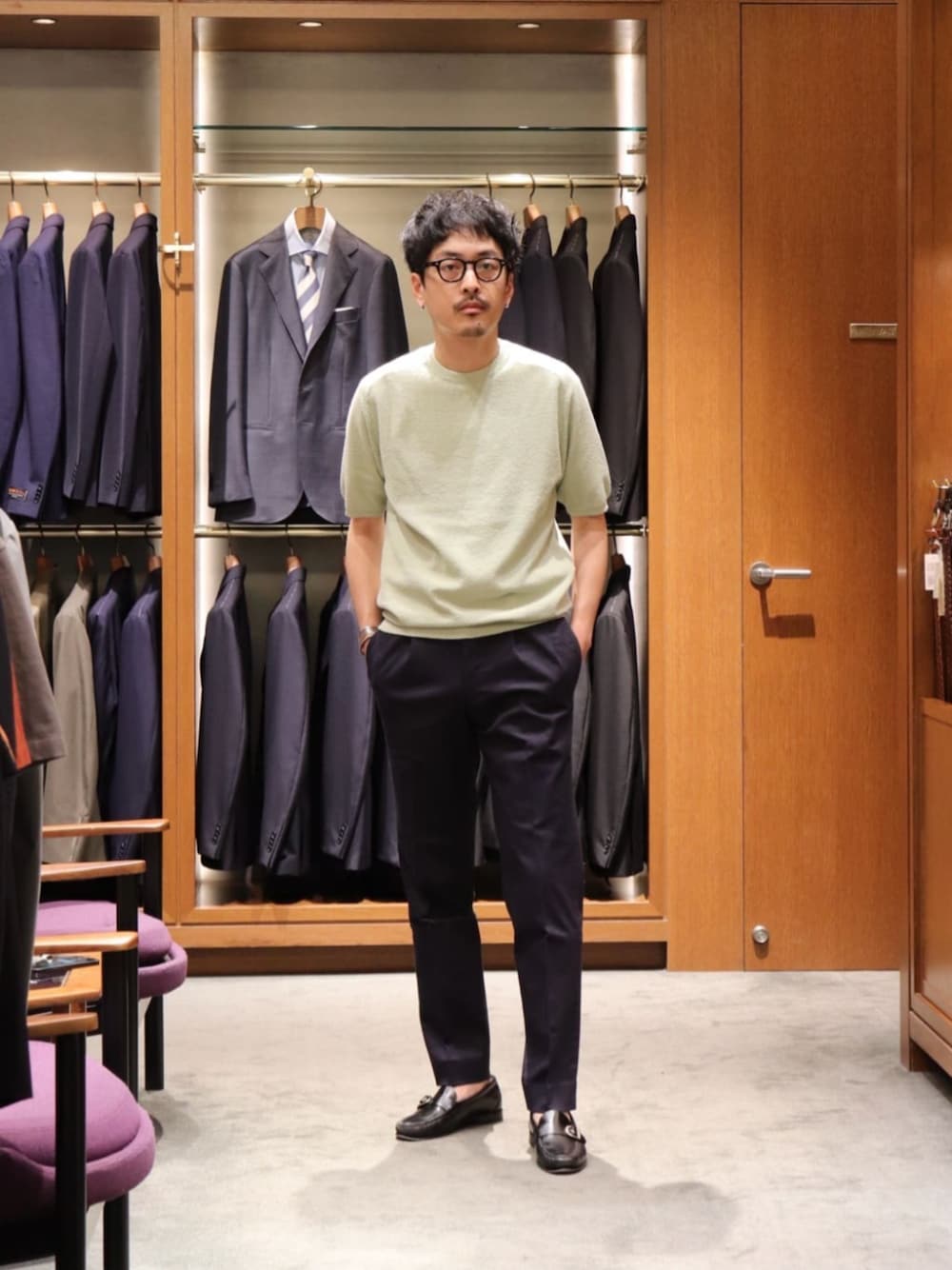 「ベーシック/トラッド、夏服、united arrows、夏コーデ」｜「UNITED ARROWSのブークレ ニット Tシャツ（ニット/セーター、グリーン系）」を使った、HORIKAWA HARUKIさん（メンズ・173cm）の夏コーディネートの1枚目の写真