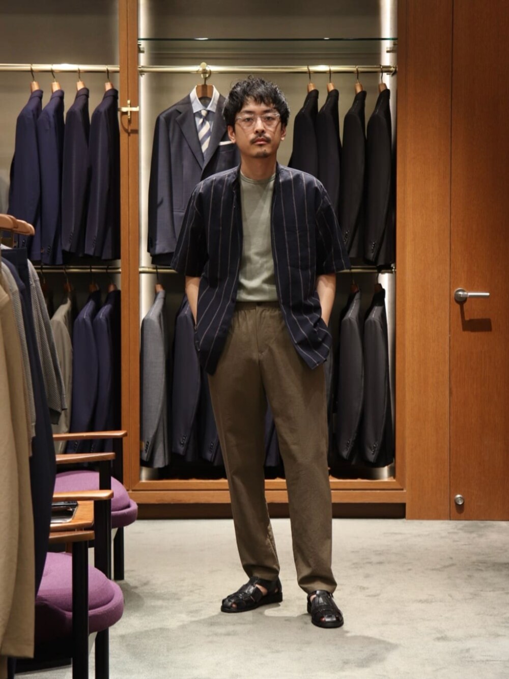 「リラックススタイル、サンダル、夏服、リゾートスタイル、united arrows、夏コーデ」｜「UNITED ARROWSのMoldivaa ショートスリーブ バンドカラーシャツ（シャツ/ブラウス、その他）」を使った、HORIKAWA HARUKIさん（メンズ・173cm）の夏コーディネートの1枚目の写真