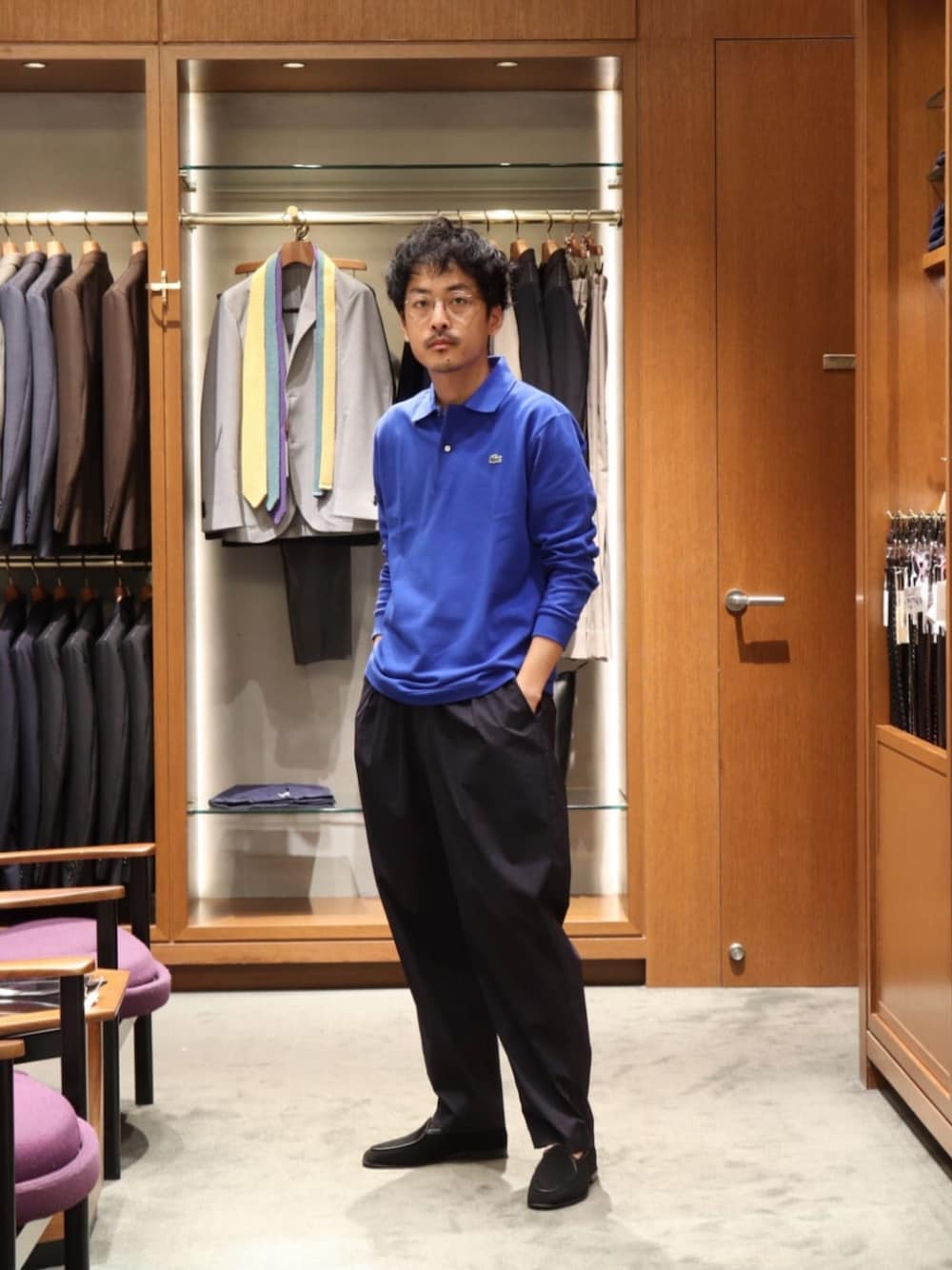 「ベーシック/トラッド、フェミニン、united arrows」｜「LACOSTEの【別注】＜LACOSTE＞ ロングスリーブ ピケ スキッパー（ポロシャツ、ブルー系）」を使った、HORIKAWA HARUKIさん（メンズ・173cm）の夏コーディネートの1枚目の写真