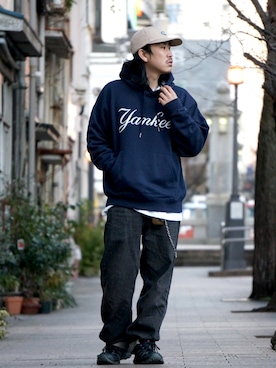 「Dickies（ディッキーズ）のアイテム（帽子）」を使った、マッスルさん（メンズ・169cm）の冬コーディネート