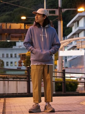 「Champion（チャンピオン）のアイテム（帽子）」を使った、マッスルさん（メンズ・169cm）の冬コーディネート