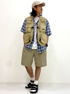 「CAMP7（キャンプセブン）のアイテム（サンダル）」を使った、マッスルさん（メンズ・169cm）の夏コーディネート