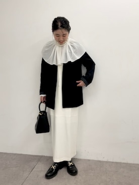 「アイテム（ノーカラージャケット、ブラック系）」を使った、riko ishikawaさん（レディース・158cm）の冬コーディネート