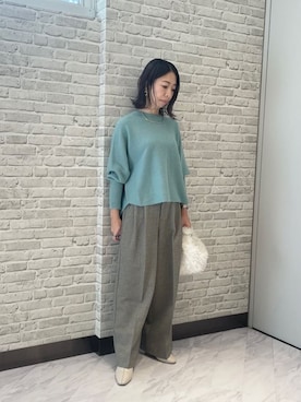 「GALLEST（ギャレスト）の【洗える】ヘアリーフォルムニット（ニット/セーター、グリーン系）」を使った、Mikoさん（レディース・157cm）の冬コーディネート