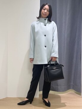 「INDIVI（インディヴィ）の【日本製／ミドル丈】スタンドカラーミドルコート（その他アウター、グリーン系）」を使った、Mikoさん（レディース・157cm）の冬コーディネート