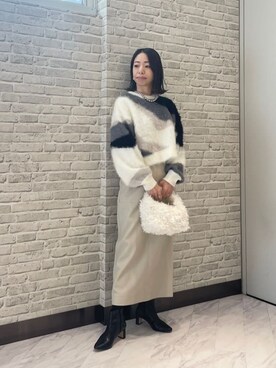 「GALLEST（ギャレスト）のインターシャシャギーニット（ニット/セーター、ホワイト系）」を使った、Mikoさん（レディース・157cm）の冬コーディネート