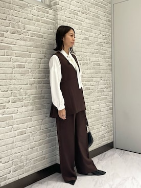 「GALLEST（ギャレスト）のComfy SET UP｜イージーストレートワイドパンツ【セットアップ対応／通勤/カセット服】（その他パンツ、ブラウン系）」を使った、Mikoさん（レディース・157cm）の秋コーディネート