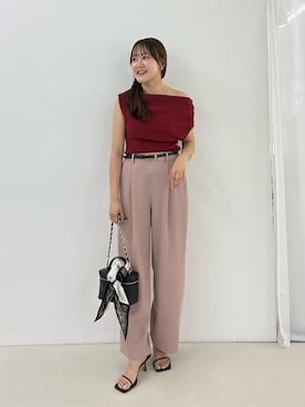 「NOLLEY’S（ノーリーズ）の《防シワ》ソフトローウエストセミワイドパンツ（その他パンツ、ピンク系）」を使った、Mihoさん（レディース・160cm）の夏コーディネート