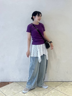 「PAGEBOY（ページボーイ）の＜まるでデニム見え！/紫外線カット/接触冷感＞マルデニコクーンパンツ（デニムパンツ、ブルー系）」を使った、tagochiさん（レディース・159cm）の夏コーディネート