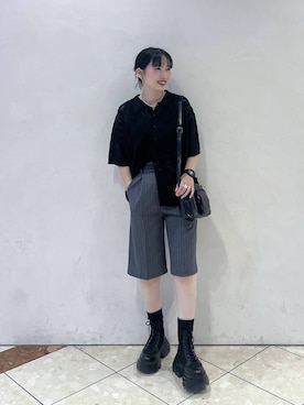 「PBLIM（ページボーイリム）の《UNISEX》ハンソデポロニット（ポロシャツ、ブラック系）」を使った、tagochiさん（レディース・159cm）の夏コーディネート