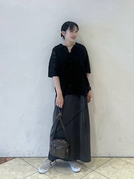 「PBLIM（ページボーイリム）の《UNISEX》ハンソデポロニット（ポロシャツ、ブラック系）」を使った、tagochiさん（レディース・159cm）の夏コーディネート