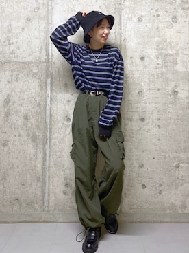 「PBLIM（ページボーイリム）のPAGEBOYLIM/ロゴ刺繍バケットハット2（ハット）」を使った、tagochiさん（レディース・159cm）の夏コーディネート