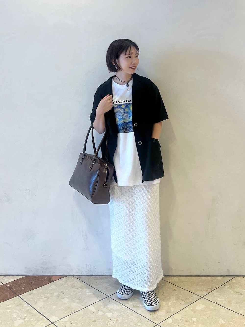 「モード、PAGEBOY、スカート、ジャケット、夏コーデ、ラフ、カジュアル」｜「PBLIMの【PBLIM】2WAYボストンバッグ（ボストンバッグ、ブラウン系）」を使った、tagochiさん（レディース・159cm）の夏コーディネートの1枚目の写真