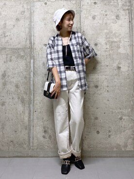 「PBLIM（ページボーイリム）のPAGEBOYLIM/ロゴ刺繍バケットハット2（ハット）」を使った、tagochiさん（レディース・159cm）の夏コーディネート