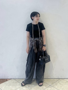 「PAGEBOY（ページボーイ）の【2WAY仕様】スタッズミニボストンバッグ（ショルダーバッグ、ブラック系）」を使った、tagochiさん（レディース・159cm）の夏コーディネート