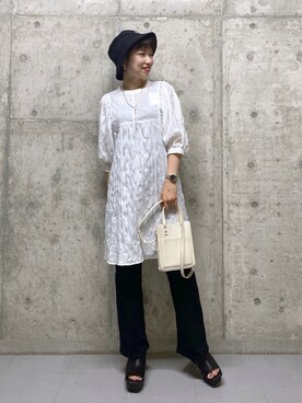 「PBLIM（ページボーイリム）のPAGEBOYLIM/ロゴ刺繍バケットハット2（ハット）」を使った、tagochiさん（レディース・159cm・30代）の夏コーディネート