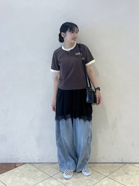「PBLIM（ページボーイリム）の《UNISEX》ピタットリンガーT（Tシャツ/カットソー、ブラウン系）」を使った、tagochiさん（レディース・159cm）の夏コーディネート