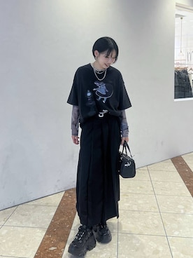 「PAGEBOY（ページボーイ）の【2WAY仕様】スタッズミニボストンバッグ（ショルダーバッグ、ブラック系）」を使った、tagochiさん（レディース・159cm）の夏コーディネート
