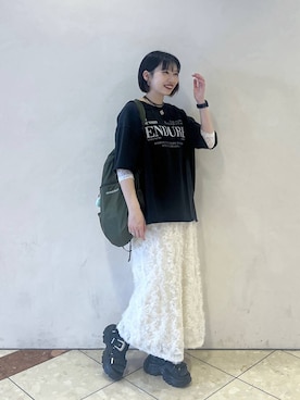 「PAGEBOY（ページボーイ）のチュールフリルナロースカート（スカート、ホワイト系）」を使った、tagochiさん（レディース・159cm）の春コーディネート