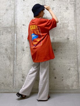 「PBLIM（ページボーイリム）のPAGEBOYLIM/ロゴ刺繍バケットハット2（ハット）」を使った、tagochiさん（レディース・159cm）の夏コーディネート