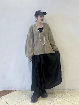 「PAGEBOY（ページボーイ）のラインフリンジティアードスカート/フリルスカート【ウエストゴム・ストレスフリー】（スカート）」を使った、tagochiさん（レディース・159cm）の秋コーディネート