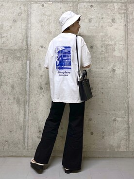 「PBLIM（ページボーイリム）のPAGEBOYLIM/ロゴ刺繍バケットハット2（ハット）」を使った、tagochiさん（レディース・159cm・30代）の夏コーディネート