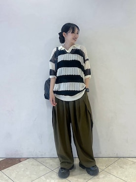 「PBLIM（ページボーイリム）の《UNISEX》3タックボリュームスラックス（スラックス、グリーン系）」を使った、tagochiさん（レディース・159cm）の夏コーディネート