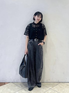 「PAGEBOY（ページボーイ）のWEB限定アイテム/レースバンドカラーシャツ（シャツ/ブラウス、ブラック系）」を使った、tagochiさん（レディース・159cm）の春コーディネート