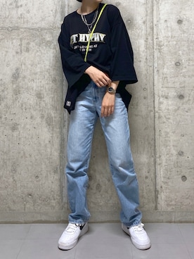 「PBLIM（ページボーイリム）のPAGEBOYLIM/ロゴ刺繍バケットハット2（ハット）」を使った、tagochiさん（レディース・159cm）の夏コーディネート