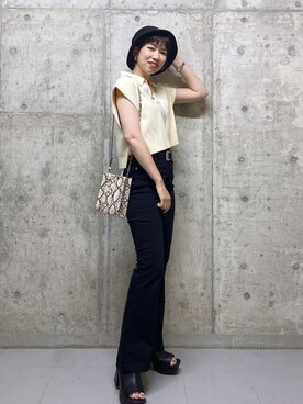 「PBLIM（ページボーイリム）のPAGEBOYLIM/ロゴ刺繍バケットハット2（ハット）」を使った、tagochiさん（レディース・159cm・30代）の夏コーディネート