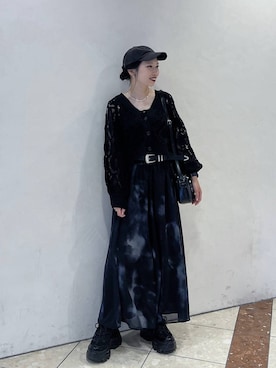 「PAGEBOY（ページボーイ）のスモークアートフレアスカート（スカート、ブラック系）」を使った、tagochiさん（レディース・159cm）の夏コーディネート