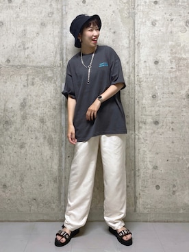 「PBLIM（ページボーイリム）のPAGEBOYLIM/ロゴ刺繍バケットハット2（ハット）」を使った、tagochiさん（レディース・159cm・30代）の夏コーディネート