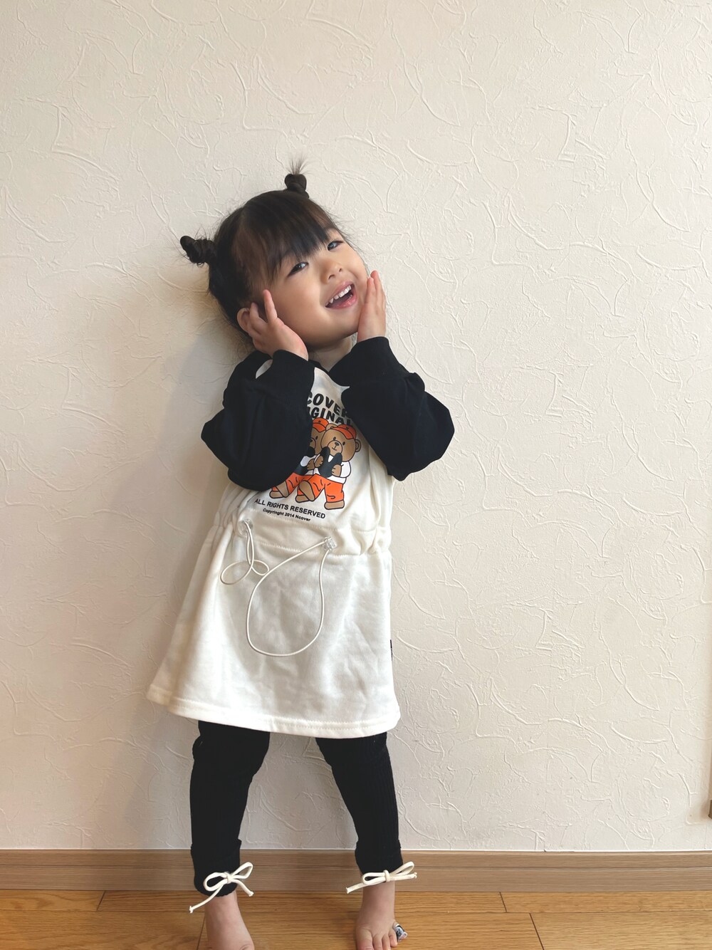 「2歳、韓国子供服、くまさん、フードワンピ、ツノヘアー」｜「韓国ブランドのアイテム（ワンピース/ドレス、その他）」を使った、☺︎︎☺︎︎yushi☺︎︎☺︎︎さん（キッズ・90cm）の春コーディネートの1枚目の写真