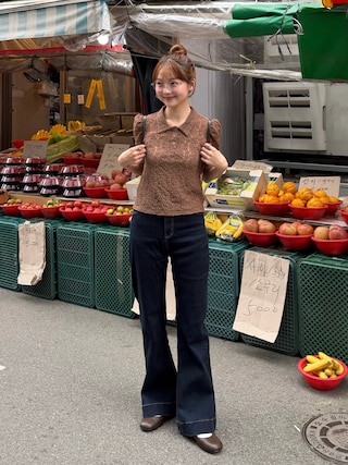 「REMOON(リムーン)のパフスリーブレースポロシャツ(シャツ/ブラウス)」を使った、ゆづきさん(レディース・160cm)の春コーディネート