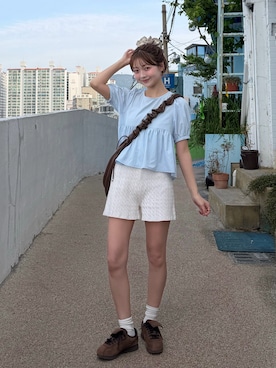 「REMOON（リムーン）のケーブル柄ニットショートパンツ（その他パンツ、ホワイト系）」を使った、ゆづきさん（レディース・160cm）の夏コーディネート