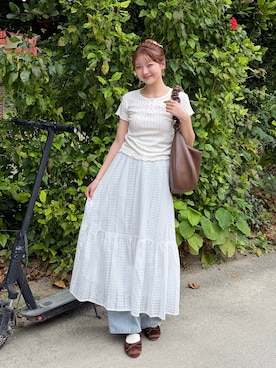 「REMOON（リムーン）のサテンバレエシューズ（ドレスシューズ、ブラウン系）」を使った、ゆづきさん（レディース・160cm）の春コーディネート