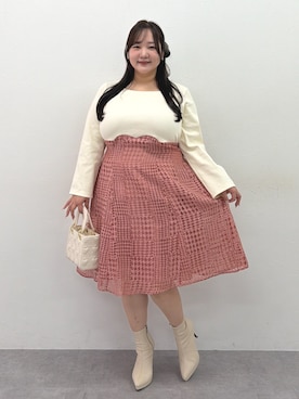 「nissen（ニッセン）の＜大きいサイズ＞ハイウエストドッキングワンピース marun（ワンピース、ピンク系）」を使った、SMILE LAND（スマイルランド）さん（レディース・159cm）の秋コーディネート