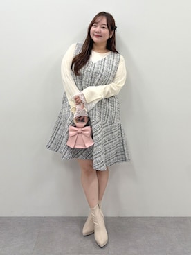 「nissen（ニッセン）の＜大きいサイズ＞袖口リボンレーステレコリブカットソートップス marun（Tシャツ/カットソー、ホワイト系）」を使った、SMILE LAND（スマイルランド）さん（レディース・159cm）の秋コーディネート