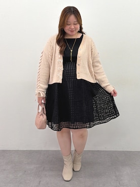 「nissen（ニッセン）の＜大きいサイズ＞ハイウエストドッキングワンピース marun（ワンピース、ブラック系）」を使った、SMILE LAND（スマイルランド）さん（レディース・159cm）の秋コーディネート