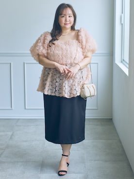 「nissen（ニッセン）の3月6日午前11:00 予約販売開始!!＜大きいサイズ＞【らめちゃんコラボ】２点セット(オーガンジーオーバースカート+タイトスカート)（スカート、ブラック系）」を使った、SMILE LAND（スマイルランド）さん（レディース・155cm）の春コーディネート