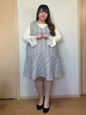 「nissen（ニッセン）の＜大きいサイズ＞袖口リボンレーステレコリブカットソートップス marun（Tシャツ/カットソー、ホワイト系）」を使った、SMILE LAND（スマイルランド）さん（レディース・159cm）の秋コーディネート