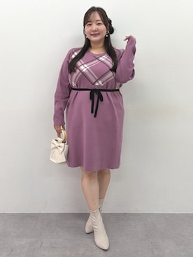 「nissen（ニッセン）の＜大きいサイズ＞アーガイルニットチュニックワンピース marun（ワンピース、ピンク系）」を使った、SMILE LAND（スマイルランド）さん（レディース・159cm）の秋コーディネート