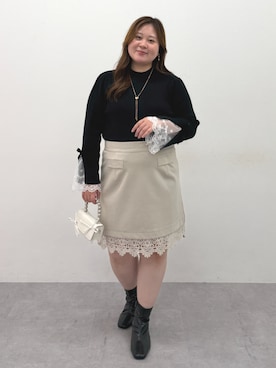 「nissen（ニッセン）の＜大きいサイズ＞レース裾ショート丈スカート marun（スカート、ベージュ系）」を使った、SMILE LAND（スマイルランド）さん（レディース・159cm）の秋コーディネート