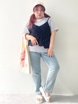 「ぽっちゃり」｜「アイテム（デニムパンツ）」を使った、SMILE LAND（スマイルランド）さん（レディース・155cm）の夏コーディネート