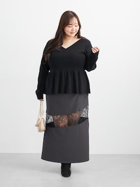 「nissen（ニッセン）の＜大きいサイズ＞【らめちゃんコラボ】カシュクールニットトップス（ニット/セーター、ブラック系）」を使った、SMILE LAND（スマイルランド）さん（レディース・159cm）の秋コーディネート