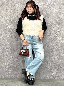 「ぽっちゃり」｜「アイテム（デニムパンツ）」を使った、SMILE LAND（スマイルランド）さん（レディース・155cm）の冬コーディネート