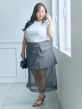 「nissen（ニッセン）の3月6日午前11:00 予約販売開始!!＜大きいサイズ＞【らめちゃんコラボ】２点セット(オーガンジーオーバースカート+タイトスカート)（スカート、ブラック系）」を使った、SMILE LAND（スマイルランド）さん（レディース・155cm）の春コーディネート