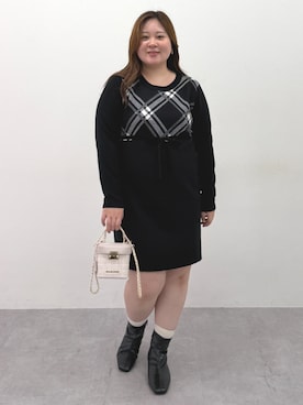 「nissen（ニッセン）の＜大きいサイズ＞アーガイルニットチュニックワンピース marun（ワンピース、ブラック系）」を使った、SMILE LAND（スマイルランド）さん（レディース・159cm）の秋コーディネート