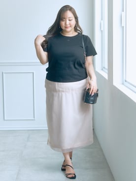 「nissen（ニッセン）の3月6日午前11:00 予約販売開始!!＜大きいサイズ＞【らめちゃんコラボ】２点セット(オーガンジーオーバースカート+タイトスカート)（スカート、ピンク系）」を使った、SMILE LAND（スマイルランド）さん（レディース・155cm）の春コーディネート