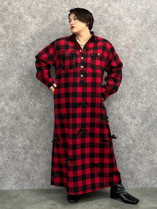 リボン付ブロックチェックシャツマキシワンピース＜大きいサイズ有